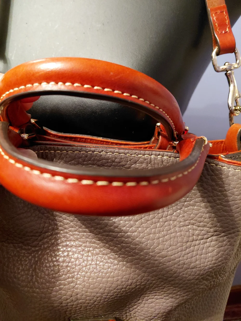 Dooney & Bourke Pebble Leather Satchel in Taupe with Chestnut Trim